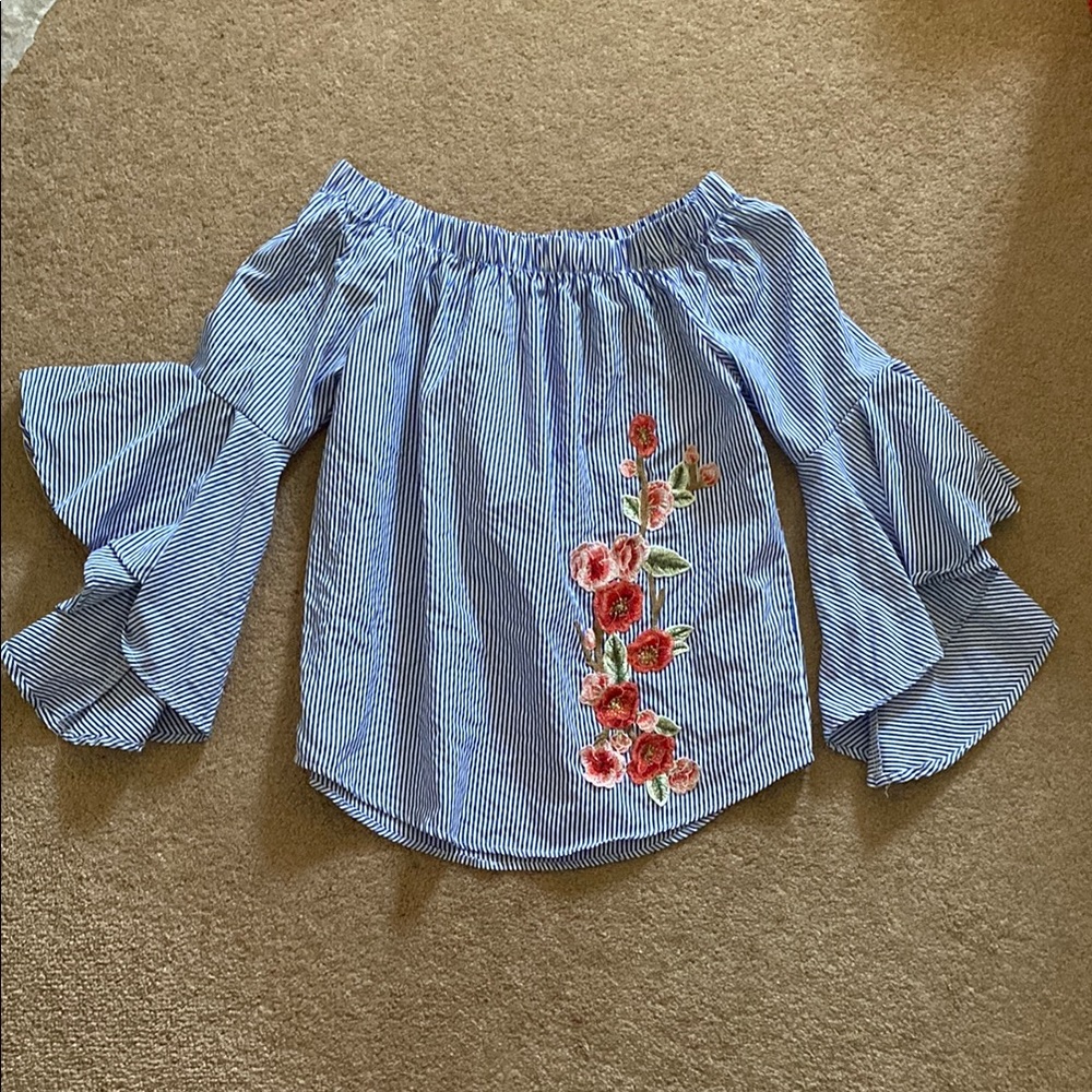 Roommates Blue Striped Off-Shoulder Top with Floral Embroidery